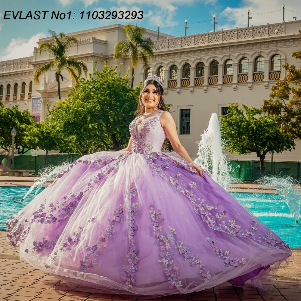 

EVLAST Customized Shiny Lilac Ball Gown Quinceanera Dress Floral Applique Beading Tiered Sweet 16 Vestidos De 15 Anos E1QN13