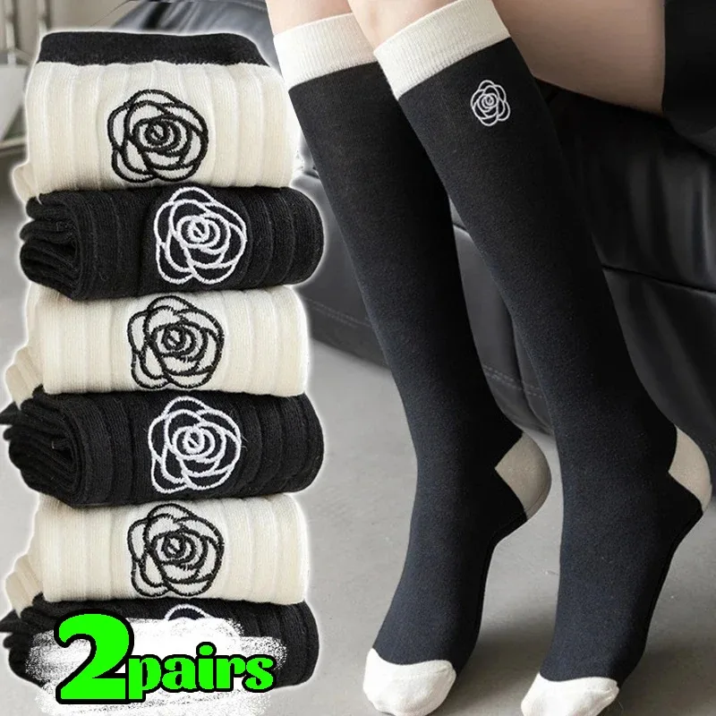 

Camellia Long Socks Ins Fashion Embroidery Sweet Over-the-calf Stockings High Tube Warm Lolita Women Black White Patchwork Socks