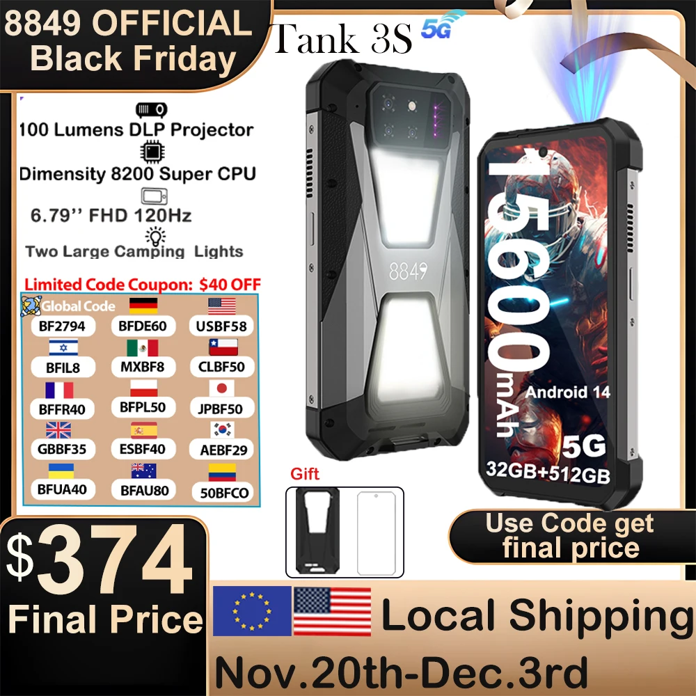 

Прочный смартфон 8849 Tank 3S Unihertz с проектором 5G 12/16 ГБ ОЗУ 256/512 ГБ ПЗУ Размер 8200 64 МП Ночное видение Dual Sim