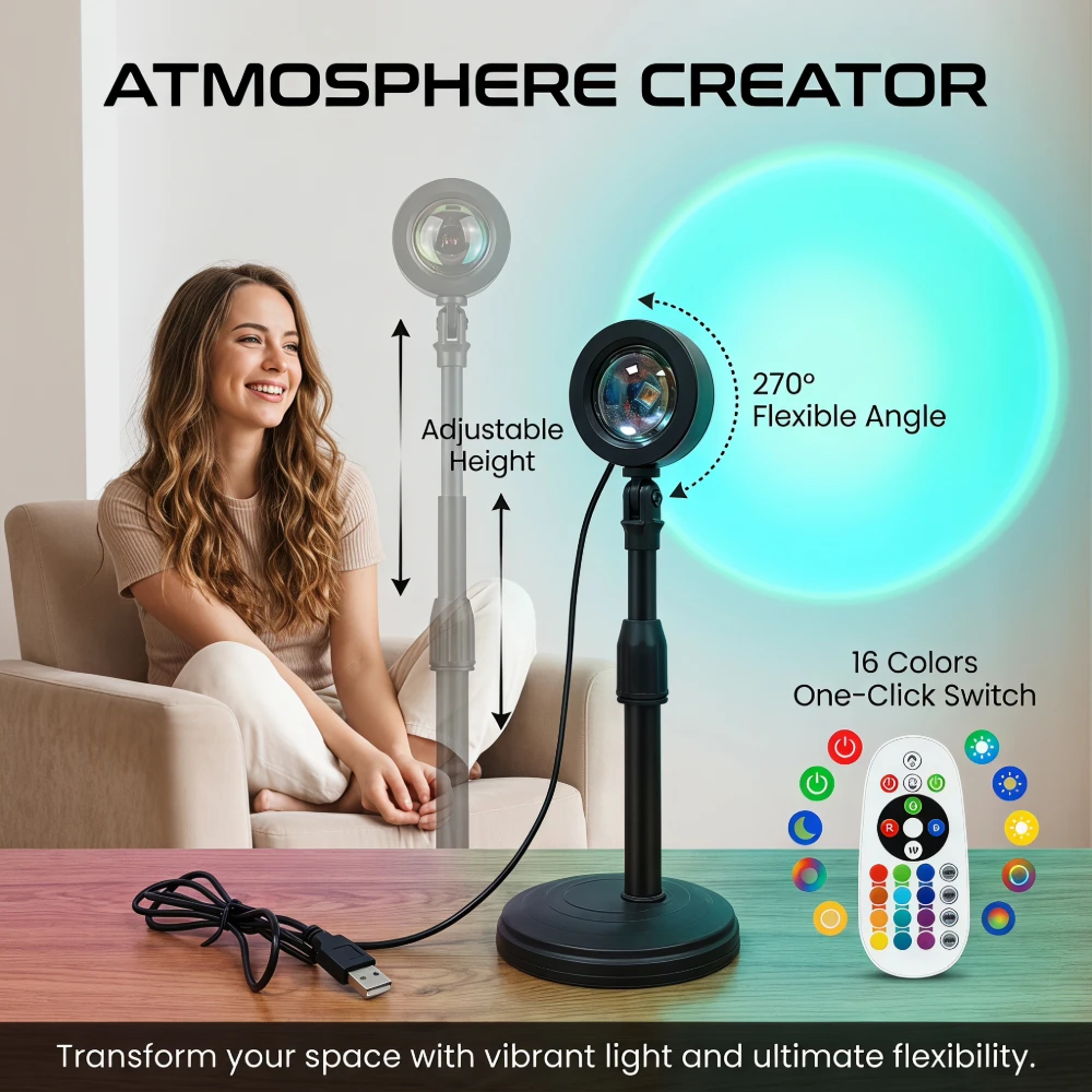 1pc USB 5V RGB Projector Lamp with 16 Color Modes Adjustable Night Light for Bedroom Decoration Party Live Photography Christmas