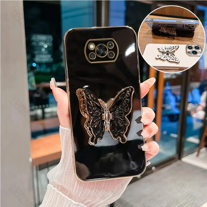 Luxury Butterfly Plating Holder Phone Case On For Xiaomi Mi Poco X2 X3 X4 X5 M3 M4 M5 F3 F4 NFC Pro 4G 5G GT C40 Stand Cover