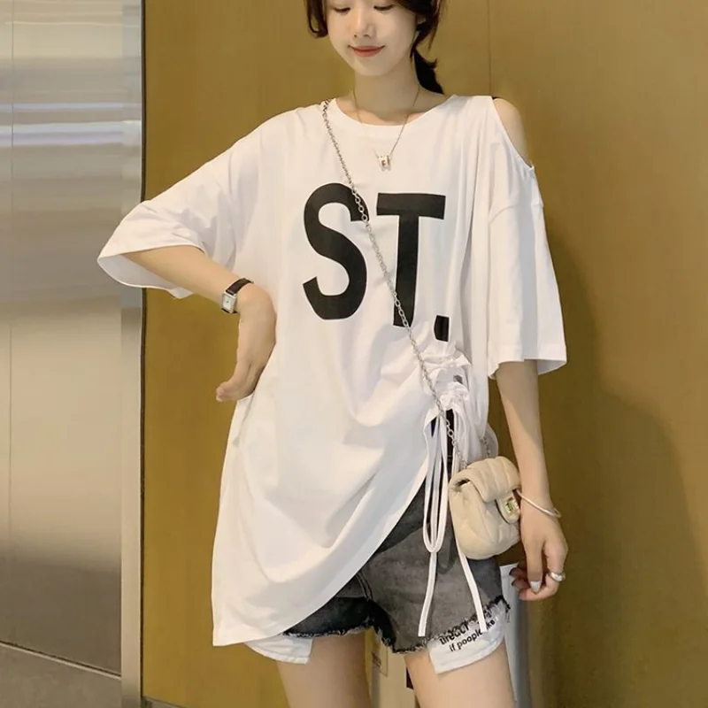 Hollow Out Off Shoulder Loose T Shirts Summer New Short Sleeve Solid Color Drawstring Tops Fashion Street Casual Women Clothing