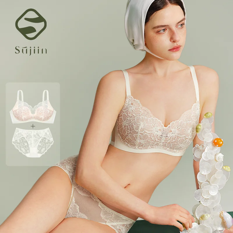 SUJIIN Plus Size Sexy Lingerie Set for Women Lace Supportive Bra and Panty Sets Wireless Full Coverage Minimizer Large Size Bras