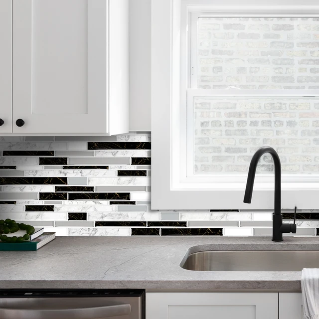 12PCS Classic Marbled Crystal Glossy Kitchen Stickers Waterproof Oil Resistant Self-Adhesive Kitchen & Bath Tile Stickers Backgr 5