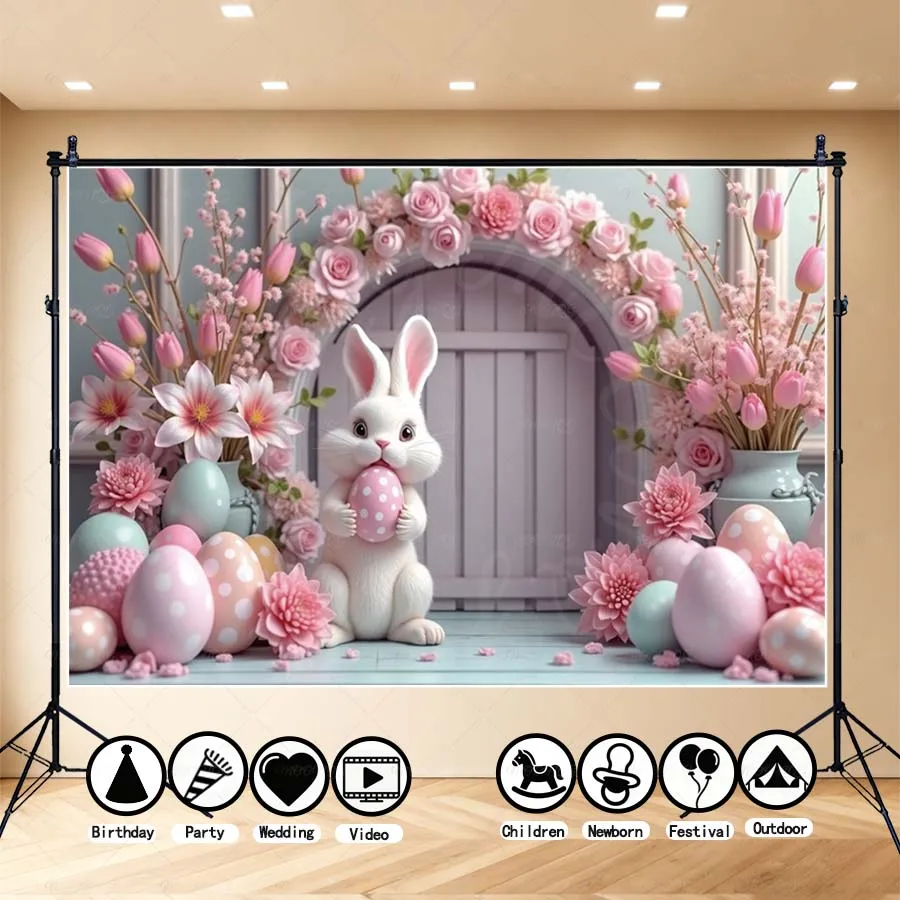 

MOON.QG Floral Spring Easter Photography Backdrop Beautiful White Bunny With Polka Dot Egg Scenery Background For Photo Studio