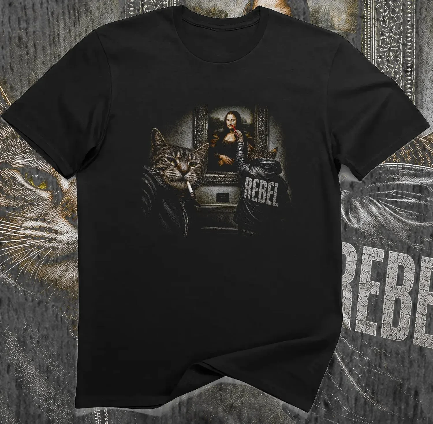 Cat Vandals Mona Lisa T-Shirt – Funny Rebel Cats Classic Art Parody Graphic Tee Four season popular unisex T-shirt