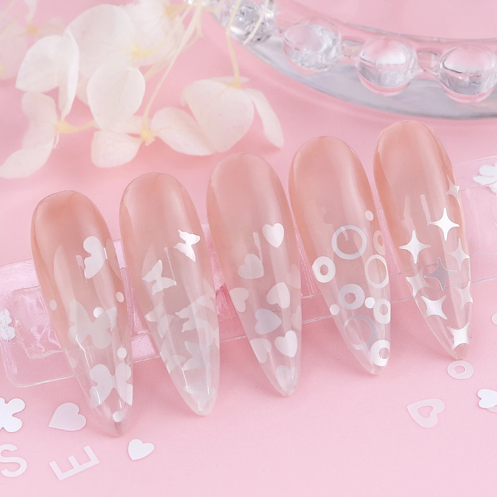 12 Grids/Box Pure White Nail Art Sequins Mixed Butterfly Love Heart Flowers Glitter Flakes Spring Summer Manicure DIY Decoration