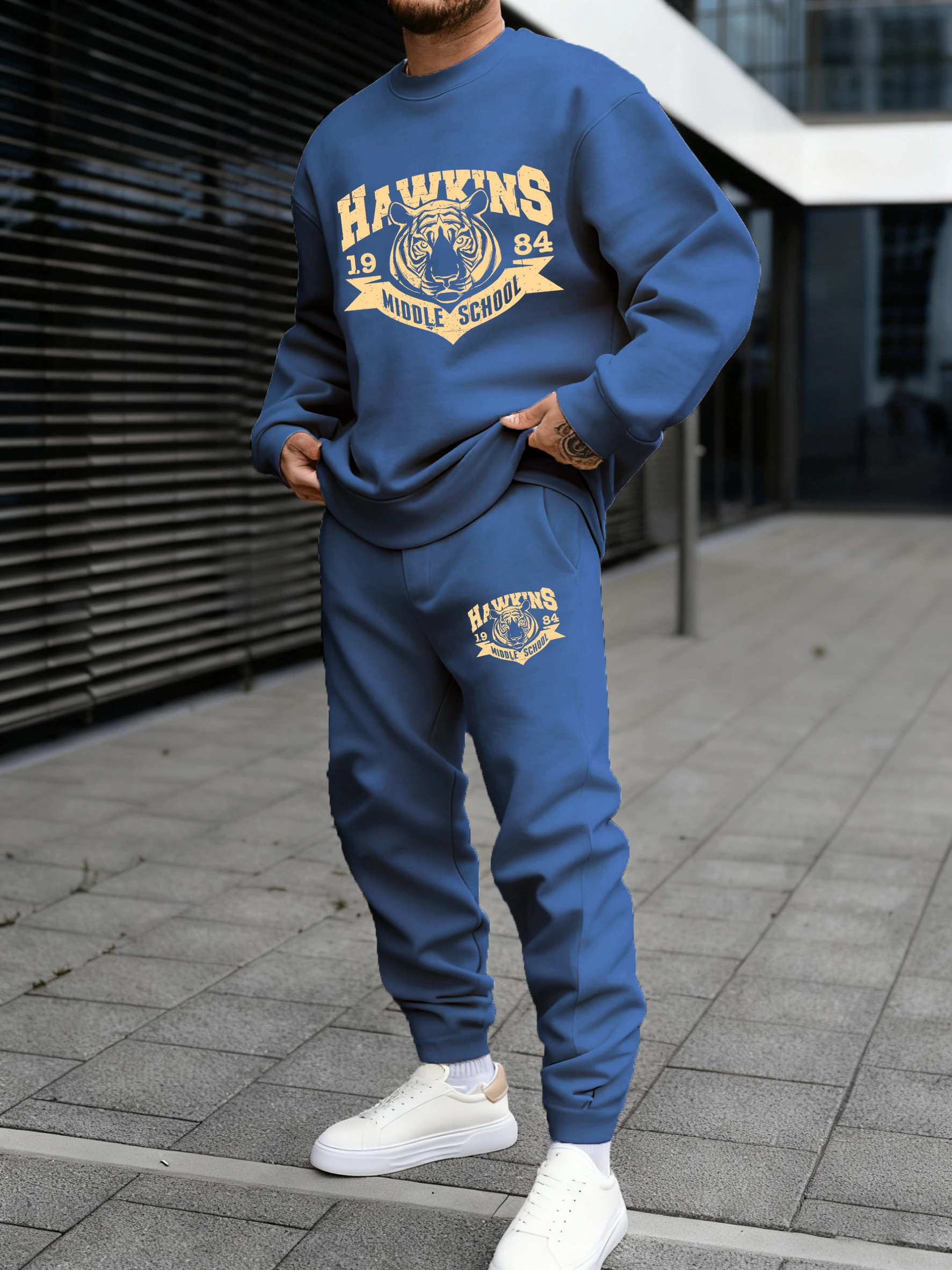 Hawkins 1984 Middle School Pattern Herren-Sweatshirt, Harajuku-Fleece-Pullover, lockere Modekleidung, Unisex, warm, einfaches Hosen-Set
