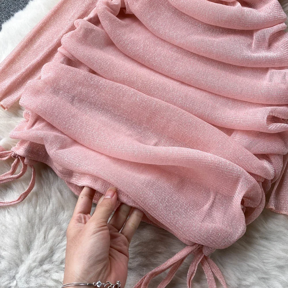 Sexy Off Shoulder Bodycon Mini Dress Women Fashion Spring Slash Neck Long Sleeve Shinny Mesh Drawstring Ruched Club Party Dress