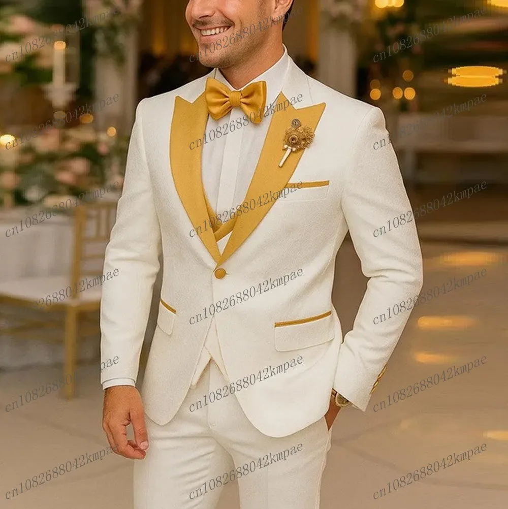 

Gold Collar Ivory Formal Men Suit Groom Groomsman Wedding Party Prom Business Male Tuxedos 3 Piece Set Blazer Vest Pants