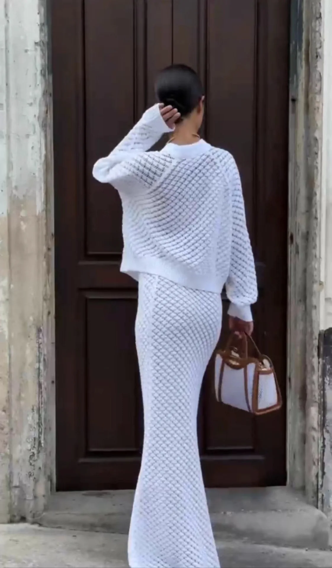 Cardigan de crochê branco oco, Elegante malha maxi saia conjuntos, decote em v, cintura elástica, roupas do baile, Conjunto de 2 peças, 2024