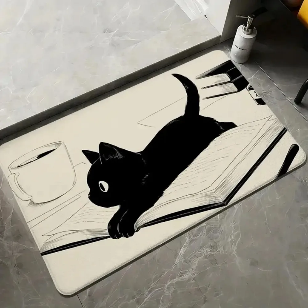 Cute Hand Drawn Black Cat Book Doormat, Non-Slip Absorbent Washable Floor Mat, Decorative Carpet for Entryway Cat Lovers
