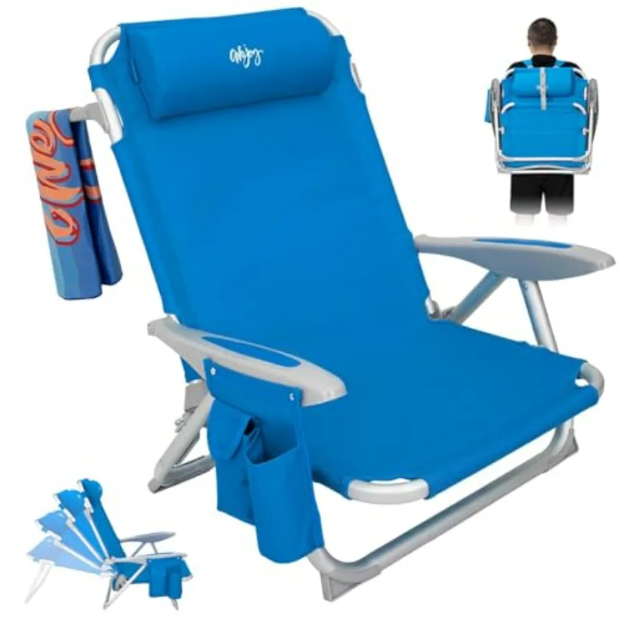 

Beach chair for adults: aluminum, black, reclining adjustable positions + lay-flat function + padded headrest + 400 lbs capacit
