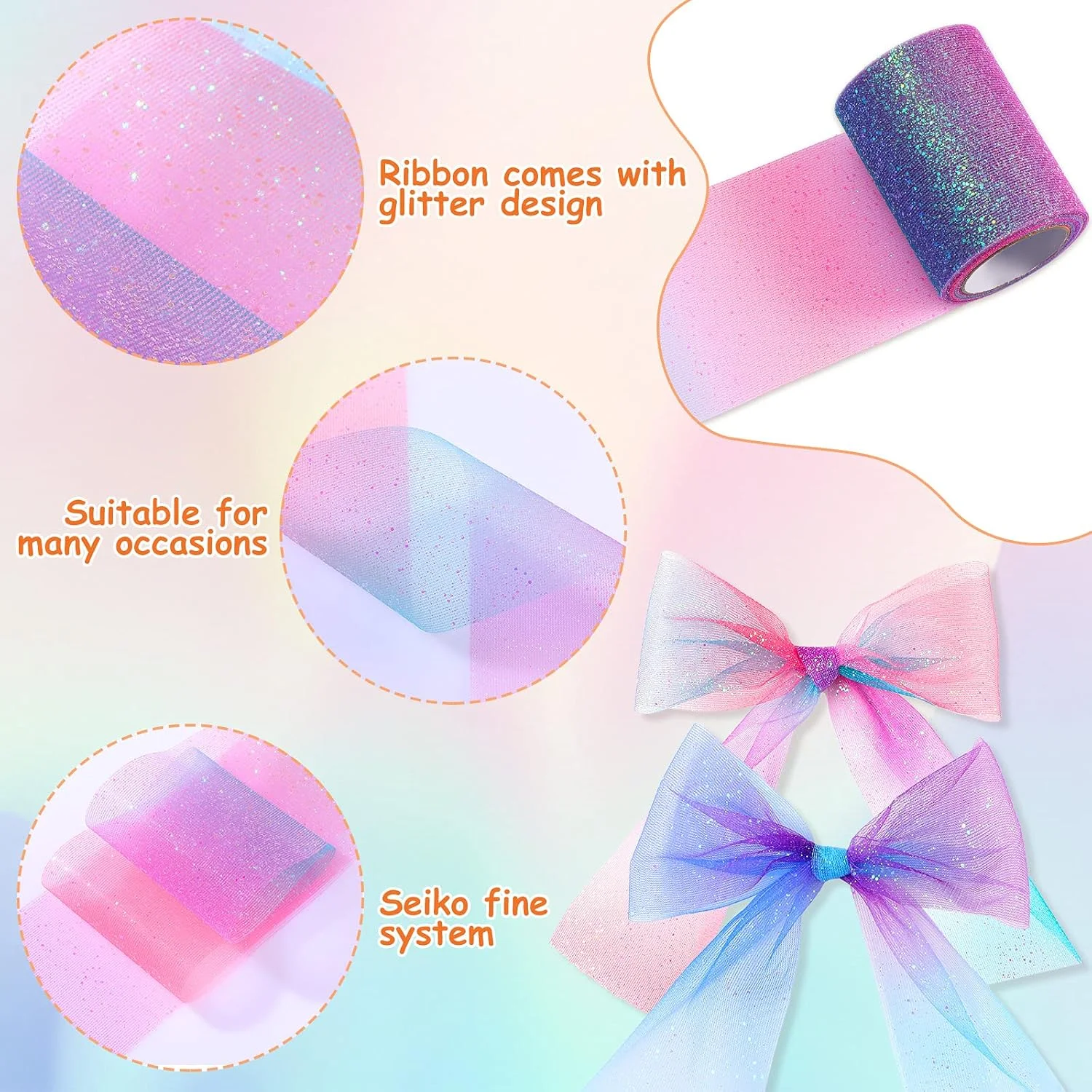 1 Rolls Rainbow Glitter Tulle Rolls Gradient Fabric Ribbon Netting Fabric Tulle Spool Shiny Sewing Craft Fabric Glitter Ribbon f