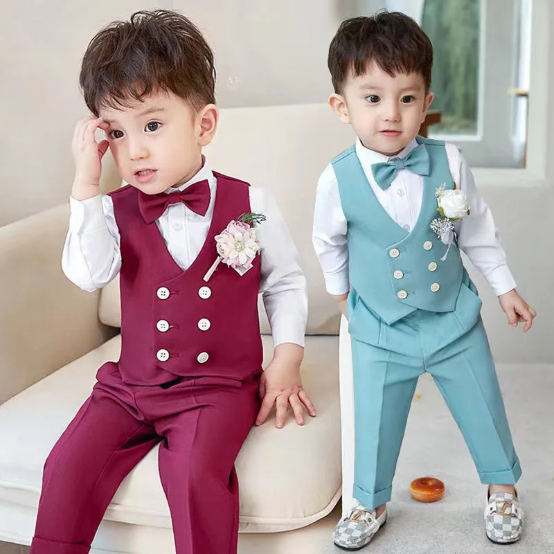 Freebily Garçons Chemise Gilet Sans Manche Imprimé Gentleman Enfant Veste Costume d'honneur Mariage Cérémonie Baptême Bébé 2-16 Ans Prince Blanc 5-6 ans