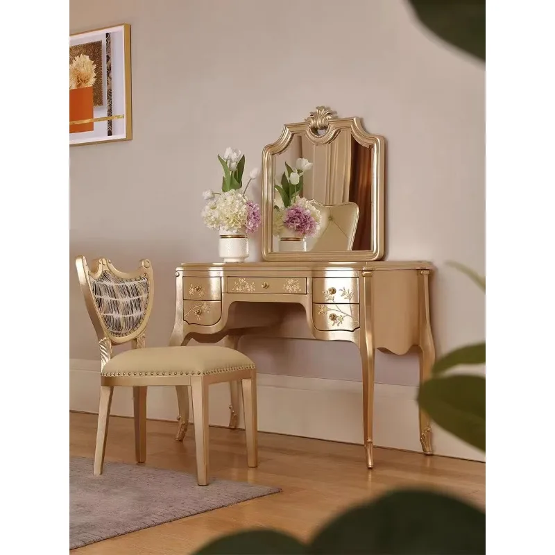 French Style Luxury Makeup Vanity with Drawers, Carving & Hand-Painted Design, Solid Wood Dressing Table for Princess Bedroom