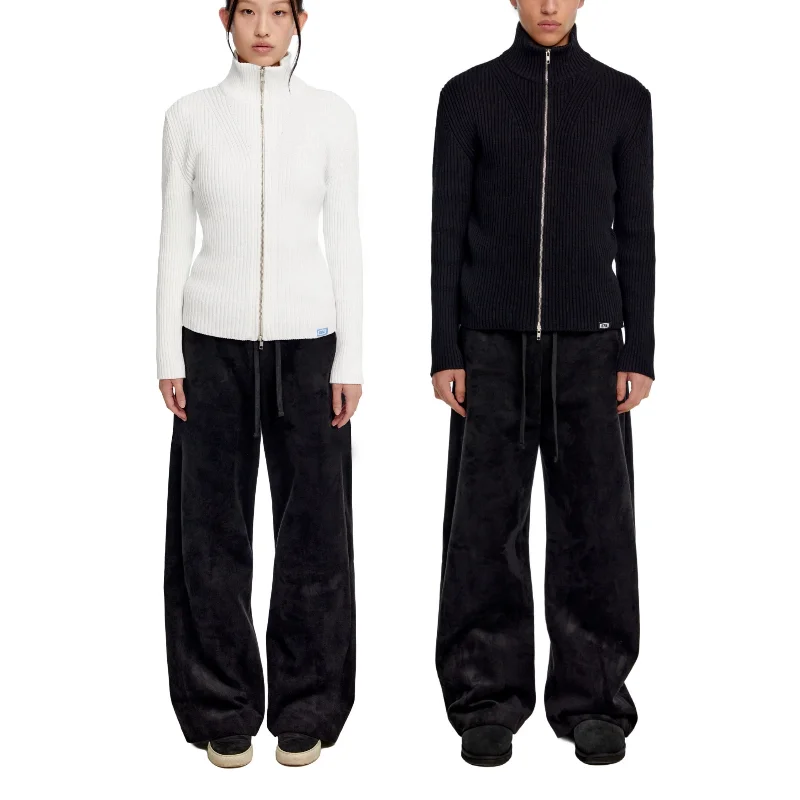 

Simple Pure Color Elastic Waist Velvet Suede Belted Straight Leg Wide Leg Pants Casual Trousers for Women