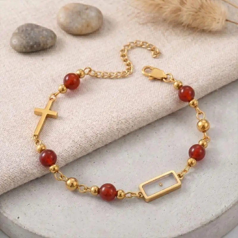 195C Faith Symbol Beaded Bracelet with Natural Stone, Stainless Steel Gold-Tone Metal and Lobster Clasp Closure