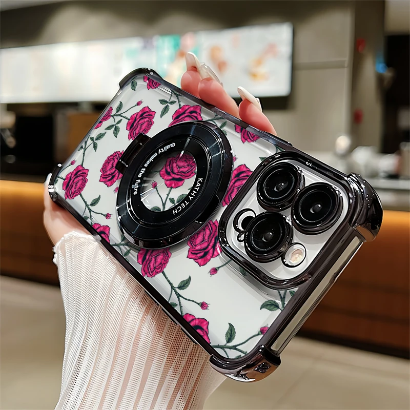 Роскошный чехол для телефона с покрытием для iPhone 17, 16 Pro Max, 17 Air, 17E, 16E, 16, 15 Plus, с красивым цветочным узором, противоударный, с подставкой Роскошный чехол для телефона с покрытием для iPhone 17, 16 Pro Max, 17 Air, 17E, 16E, 16, 15 Plus, с красивым цветочным узором, противоударный, с подставкой