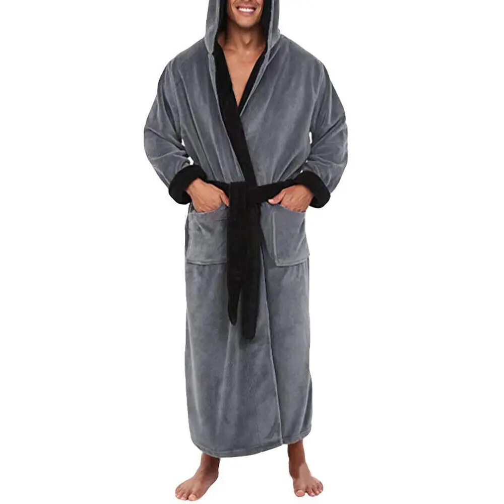 Stylish Hooded Bathrobe Super Soft Fluffy Men\'S Hooded Bathrobe With Adjustable Belt Highly Absorbent Solid Color Design