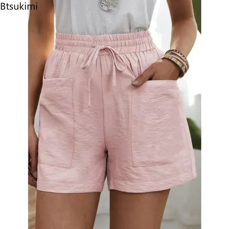 2025Women's Summer Casual Cotton Linen Shorts Pockets High Waist Elastic Loose Sports Shorts Woman Oversized Shorts Pants Female