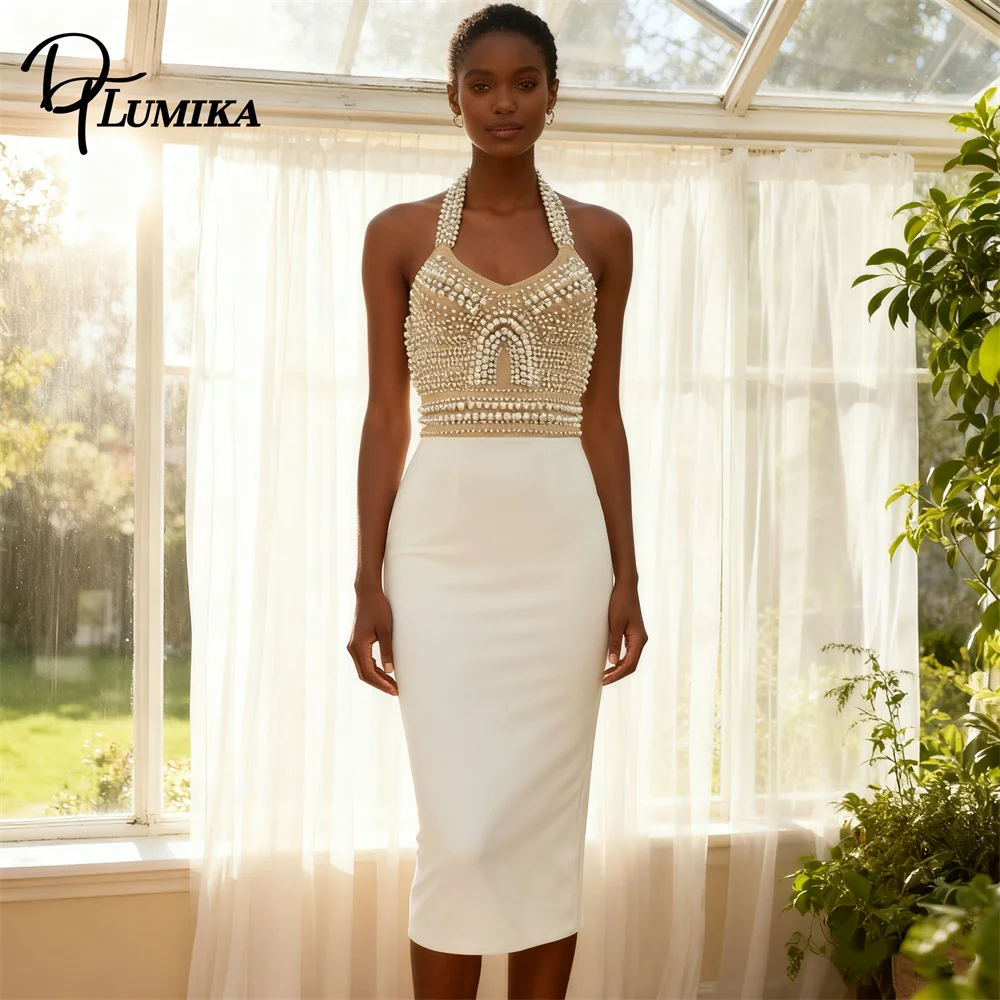 

DTLumika Pearls Halter Dress for Women, Sleeveless Bodycon Dresses White Black Formal Evening Cocktail Party Gowns