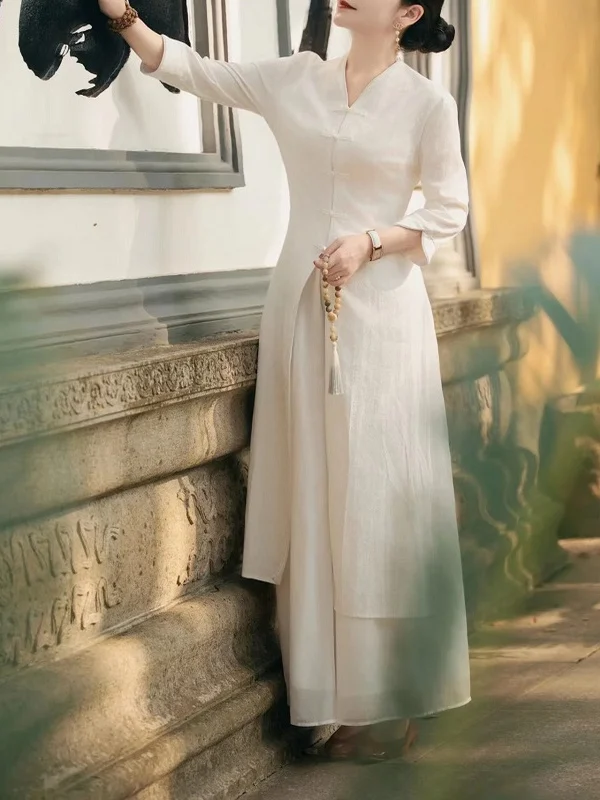 Conjunto de duas peças de linho de algodão feminino chinês sle zen dr tradicional nacional faion vestido melhorado com botões