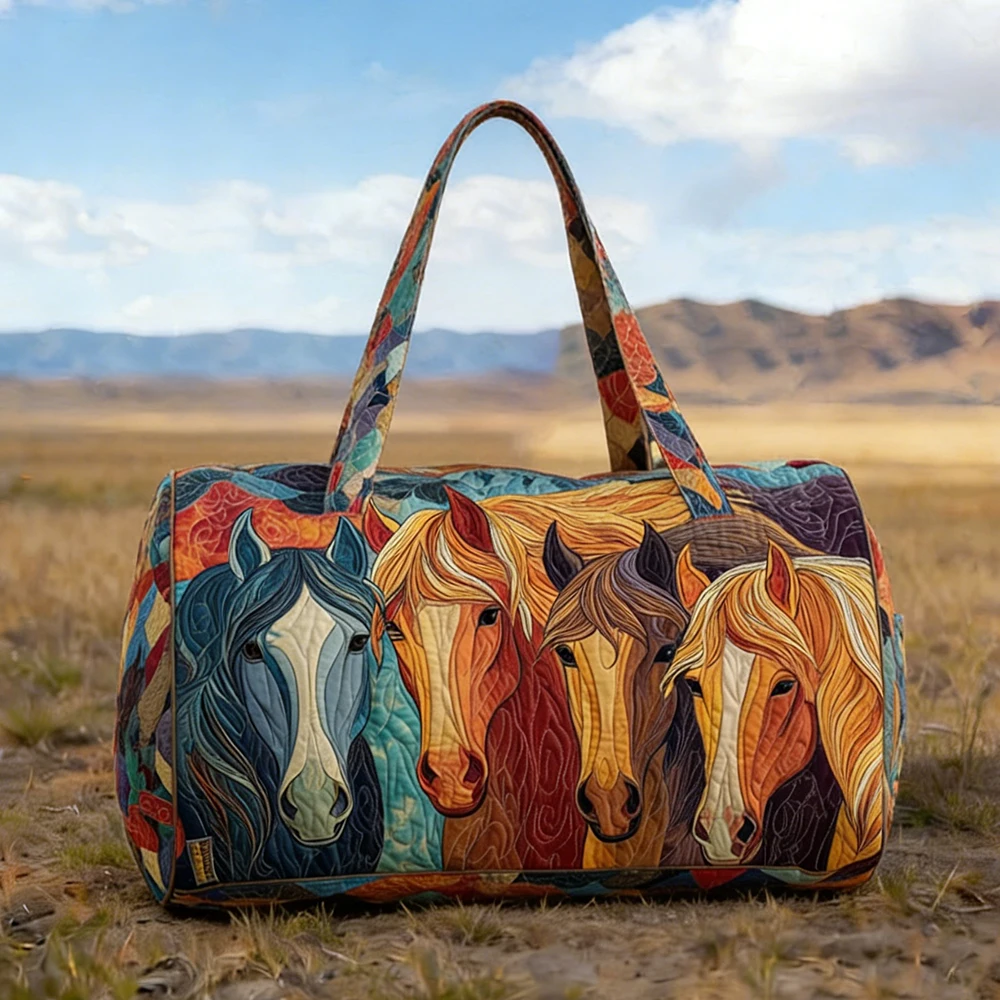 

Boho Western Horse Quilted Duffle Bag Artistic Multi-Horse Print Travel Tote HandBag Women Men Outdoor Weekender Bags