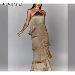 TWOTWINSTYLE Solid Spliced Tassel Dresses for Women Halter Sleeveless High Waist Temperament Dresses Female Fashion New