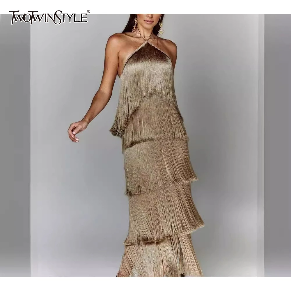 TWOTWINSTYLE solidne łączone sukienki z frędzlami dla kobiet Halter bez rękawów wysokiej talii sukienki temperamentowe moda damska nowość
