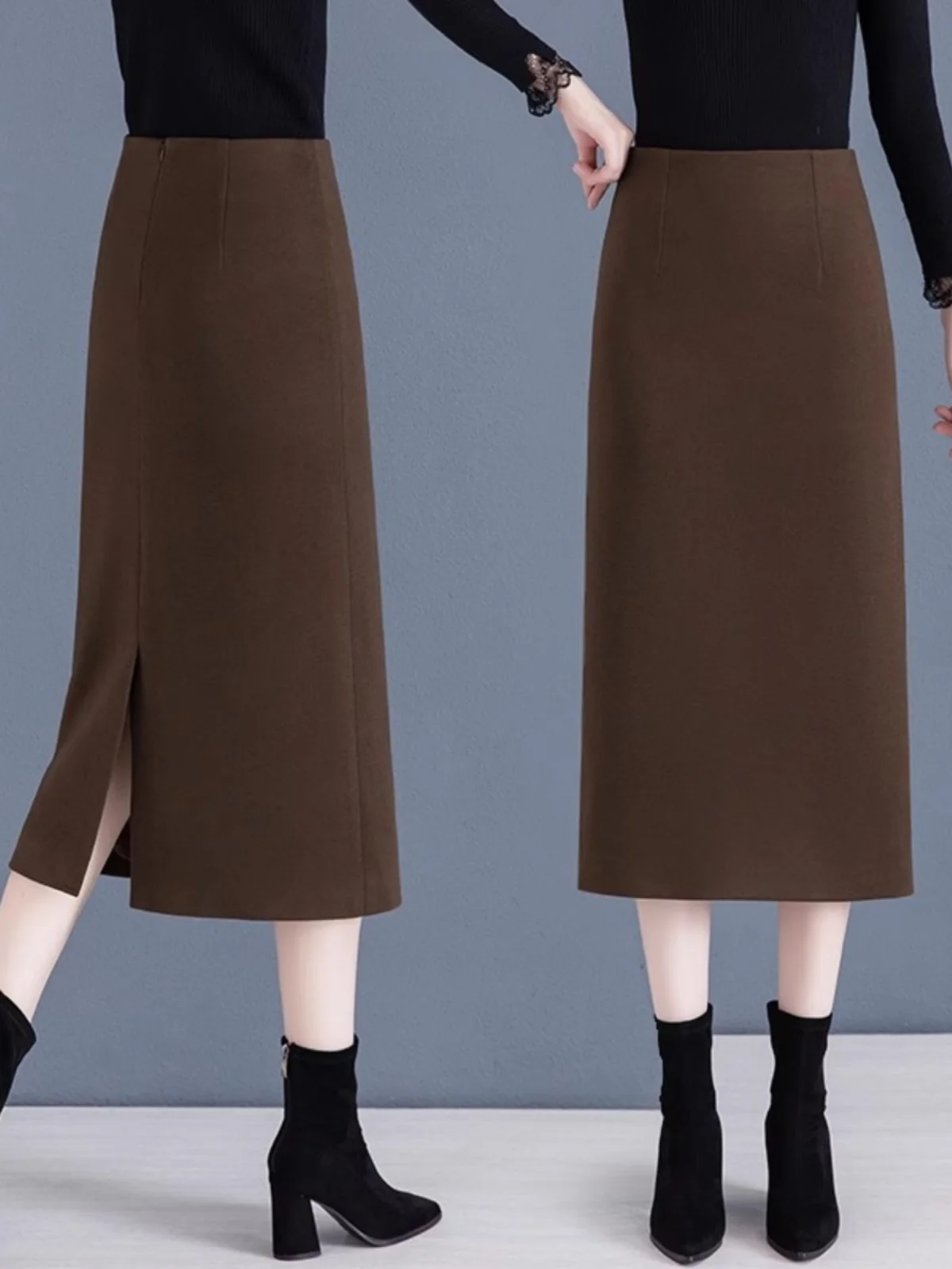 

Юбка трапециевидной формы средней длины с высокой талией для женщин, весна-осень 2023, Новое поступление, шерстяная юбка с разрезом, деловая повседневная юбка Pure C...