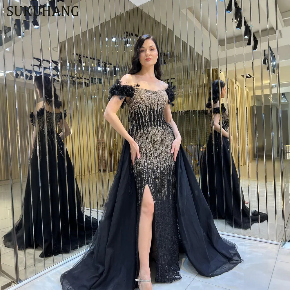 

SUKUHANG Luxury Black Evening Dress With Beaded Arabic Elegant Off the Shoulder Party Prom Dresses For Women Customized
