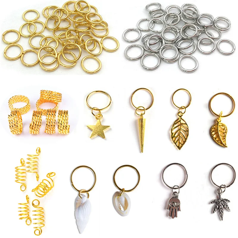 10-200 Pcs/bag 8-20mm Hair Ring Braid Dreadlock Bead Cuff Clip Braid Tool Hoop Circle Mix Metal Color Opening Embossing for Girl