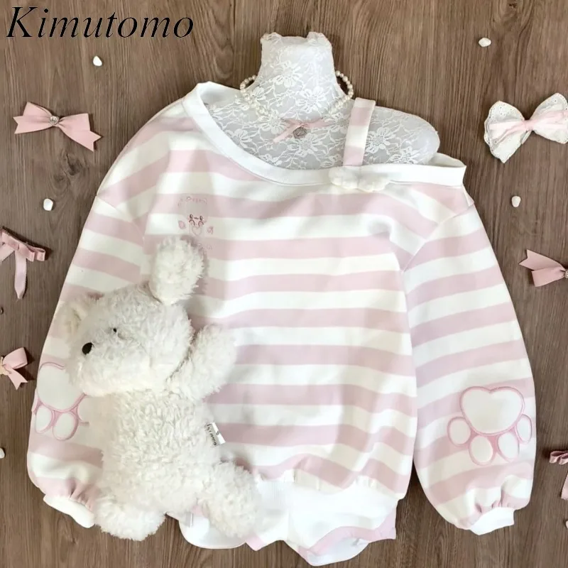 

Kimutomo толстовки женские милые полосатые с открытыми плечами диагональный воротник осенне-зимние топы Y2k эстетические женские толстовки в стиле Харадзюку