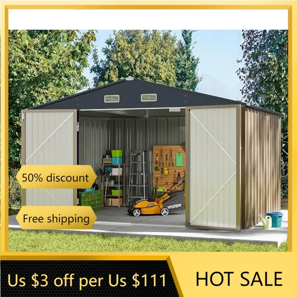 Metal Outdoor Storage Shed 10FT x 8FT, Steel Utility Tool Shed Storage House with Door & Lock, Metal Sheds Outdoor StorageBrown