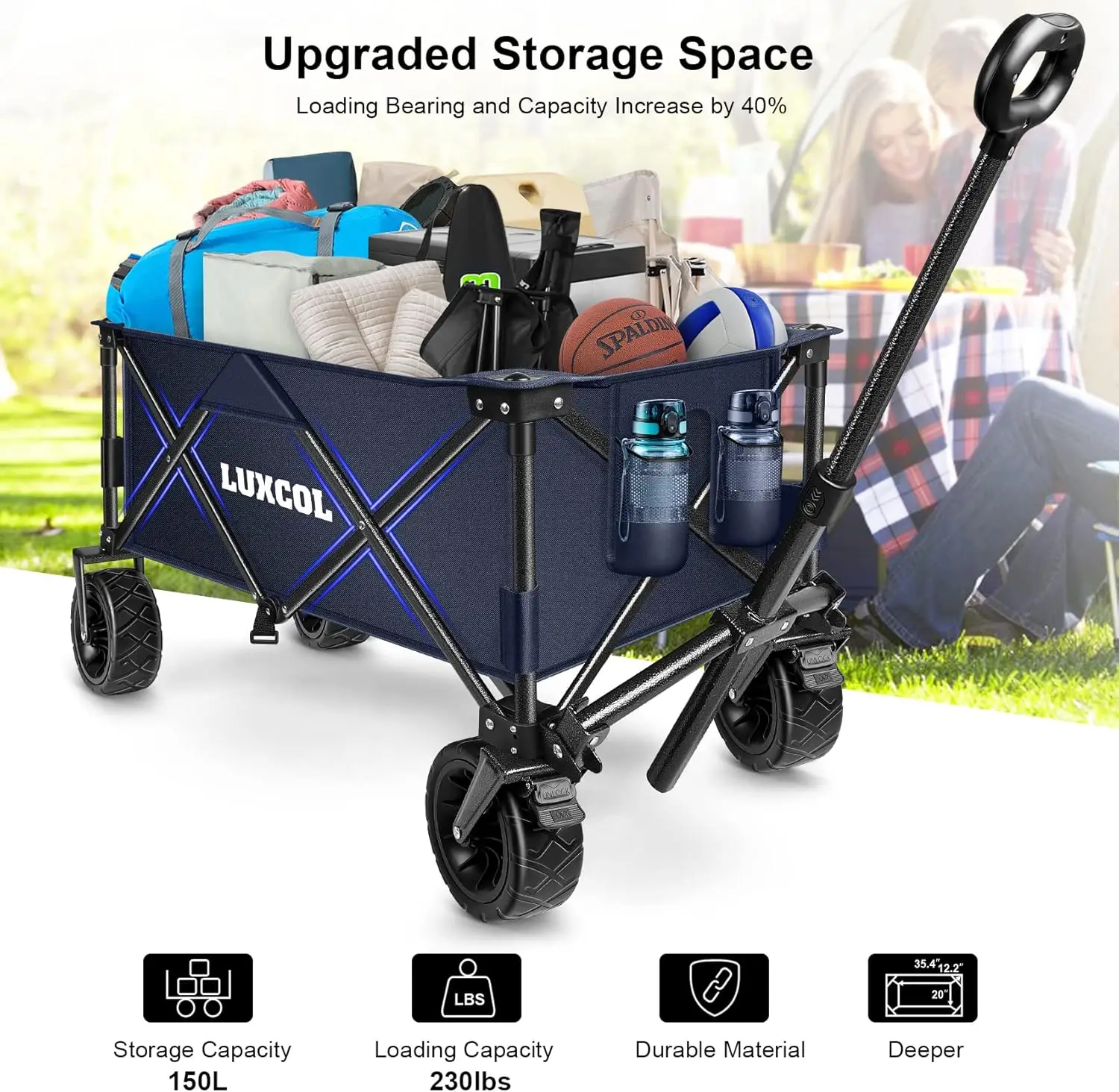 Collapsible Folding Wagon, Heavy Duty Utility Beach Wagon Cart for Sand with Big Wheels, Adjustable Handle,Garden and Outdoor