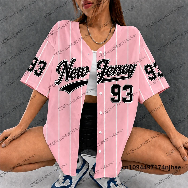 Summer New Pink New Jersey No.93 Stripe Print Streetwear Baseball Shirt For Women Men Hip Hop Blouse Short Sleeve Button Up Tops