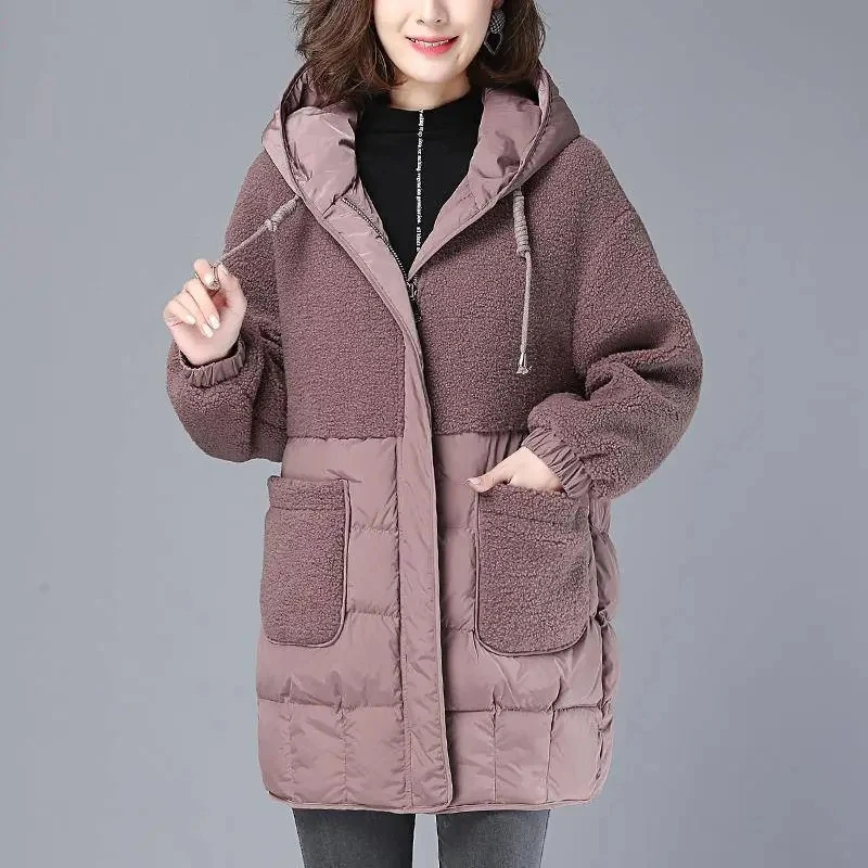 Down Cotton Jacket Women 2022 Winter New Korean Fashion Loose Casual Padded Coat Large Size Hooded Imitation Lamb Wool Outerwear