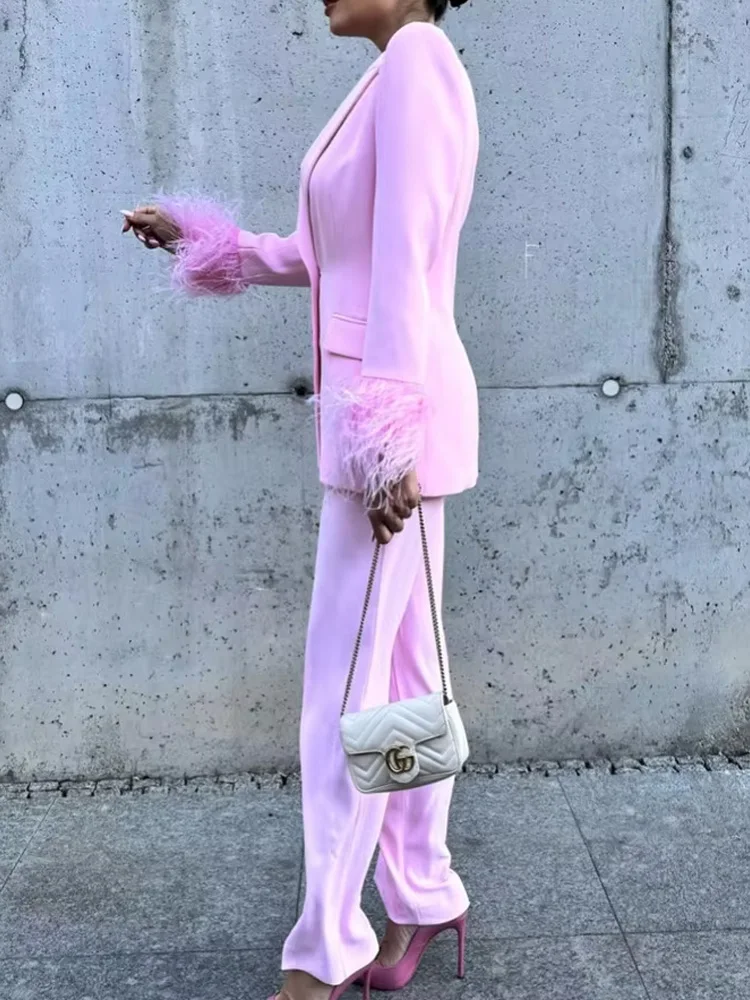 HH – ensemble rose à col rabattu pour femmes, manches longues, Blazer en plumes à simple boutonnage + pantalon Long taille haute avec poches et fermeture éclair