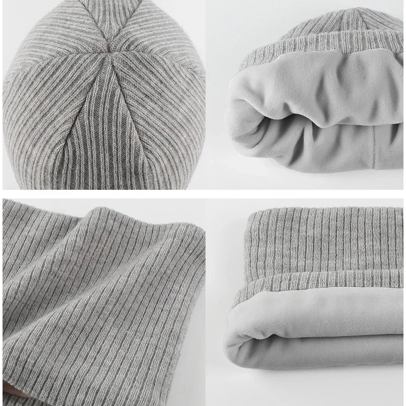 3 pçs conjunto de inverno para crianças malha listrado gorros crianças cachecol dupla camada forro de pelúcia chapéu de inverno conjunto de luvas