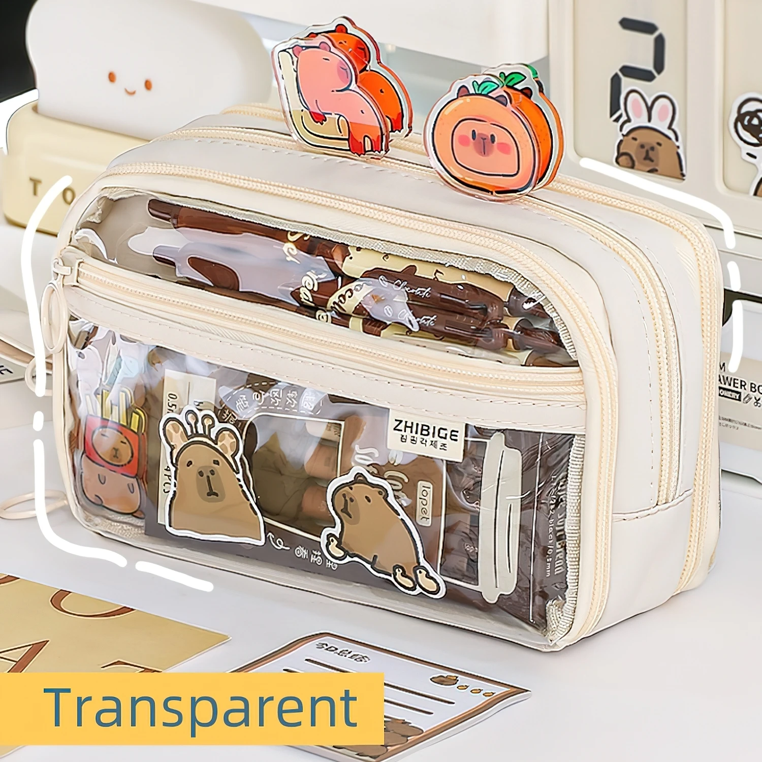 Dual-side Transparent Pencil Bag Pen Case 4 Layer Multi Pocket Storage Pouch for Stationery School A7628