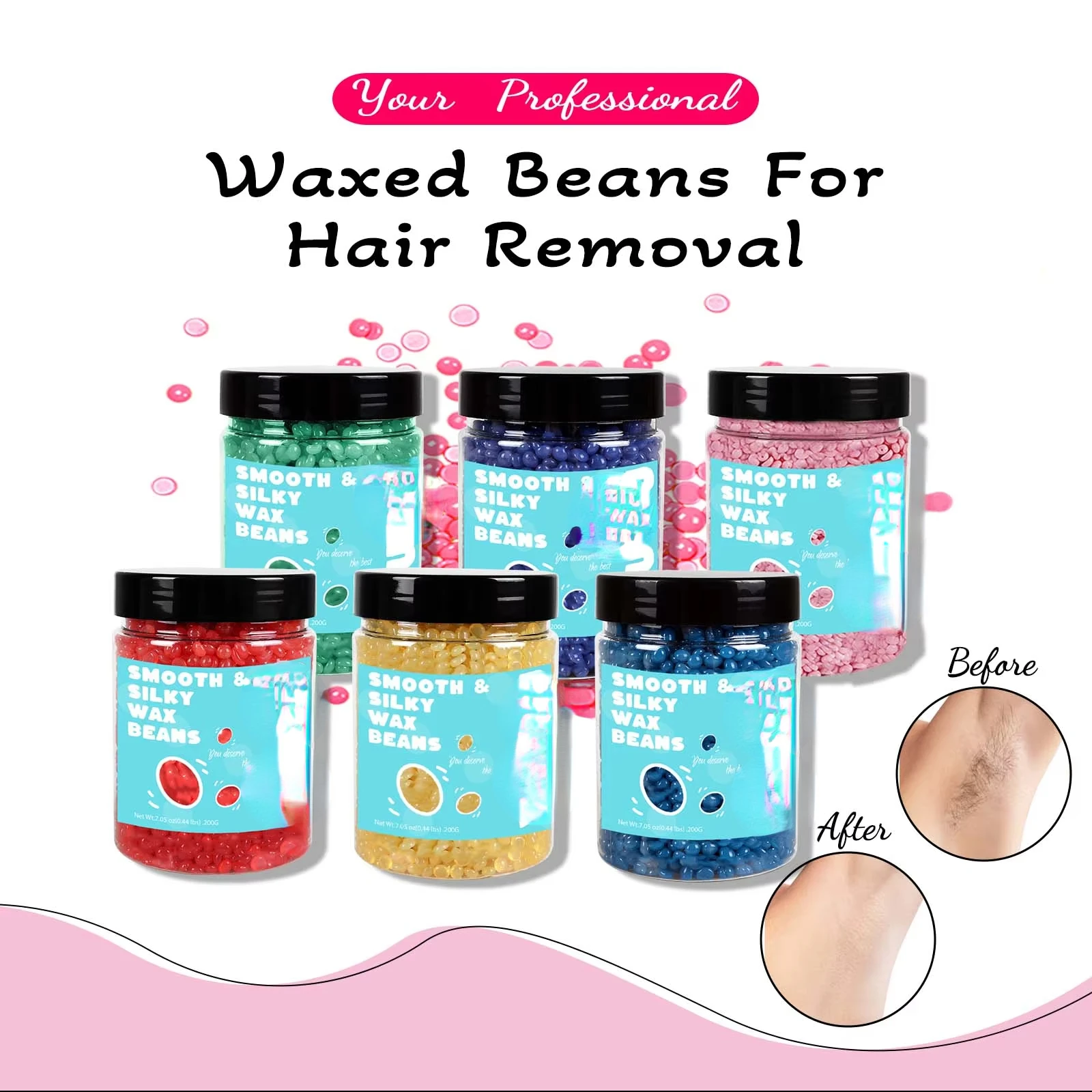 Wax Beads 200g(7.05oz) Bottle Hair Removal Hard Wax Beans Hot Waxing Beeswax for Wax Heater Painless for All Hair&Skin Wax paper