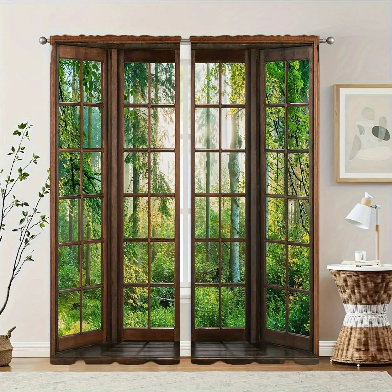 قطعتان - ستائر مطبوعة بإطار خشبي مقلد للحديقة، ستائر كيس عمود 42*84، غرفة النوم، غرفة المعيشة، ديكور غرفة المنزل