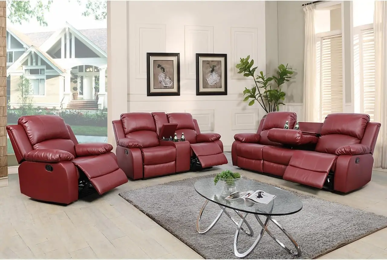 Bonded Leather 3 Pieces Reclining Sofa Set (Loveseat, Sofa) With Storage And Dropdown Coffee Tables, Red