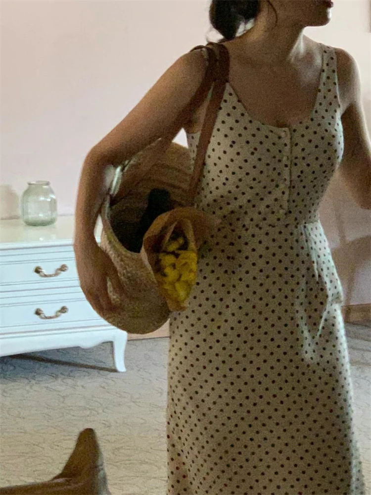 Vintage Long Tank Dress for Women Summer Sleeveless Polka Dot Slim Fit Sleeveless Sundress Female 2024 French Style