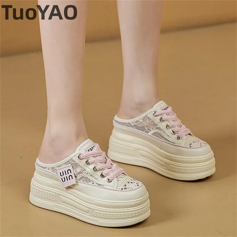 

7cm Air Mesh Microfiber Genuine Leather 2024 Women Sandal Breathable Chunky Sneakers Pumps Platform Wedge Summer Slipper Shoes