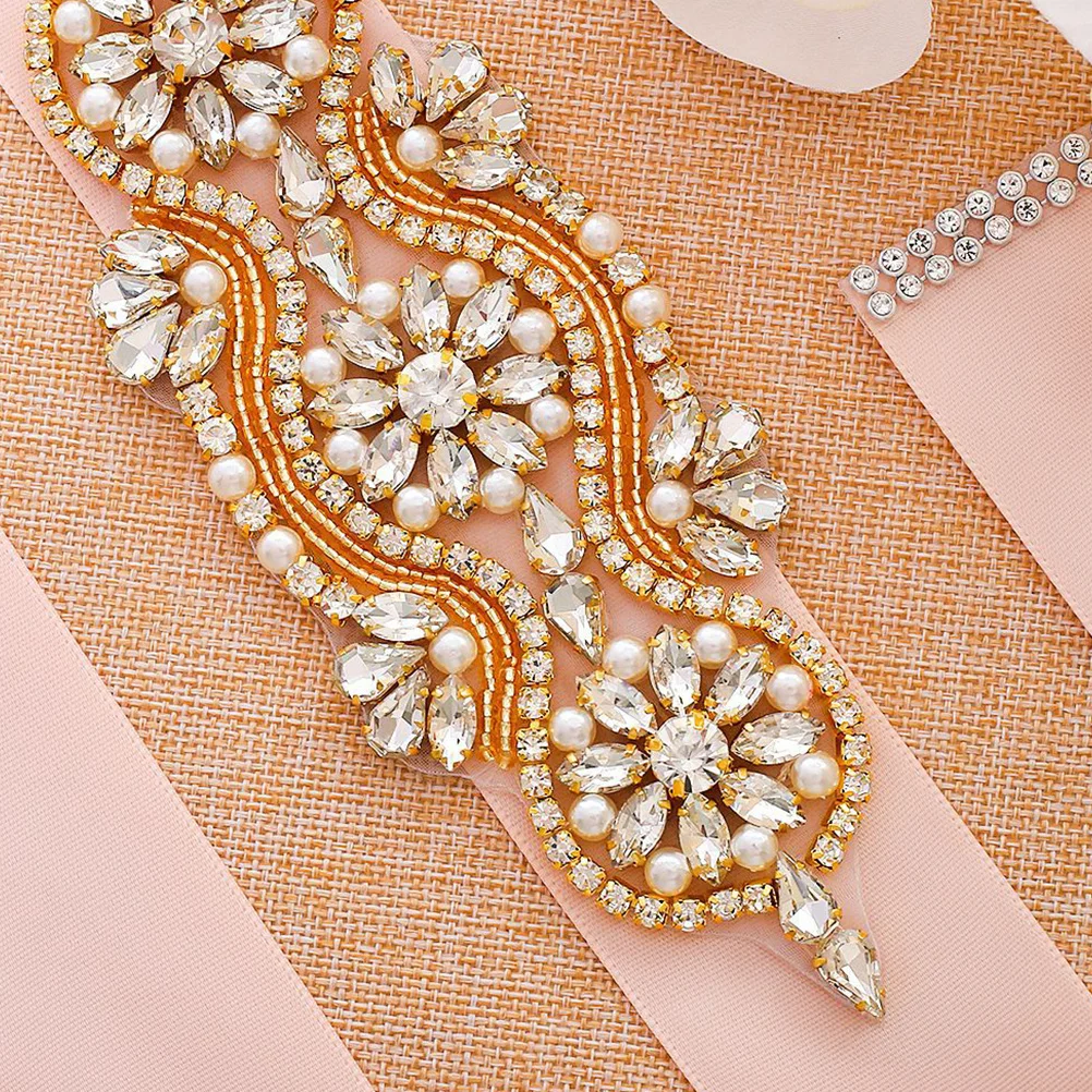 

Bridal Belt Rhinestone Pearl Applique Patch Elegant Sewing Wedding Dress Decor Dress Belt Rhinestone Patch DIY Garment Accessory