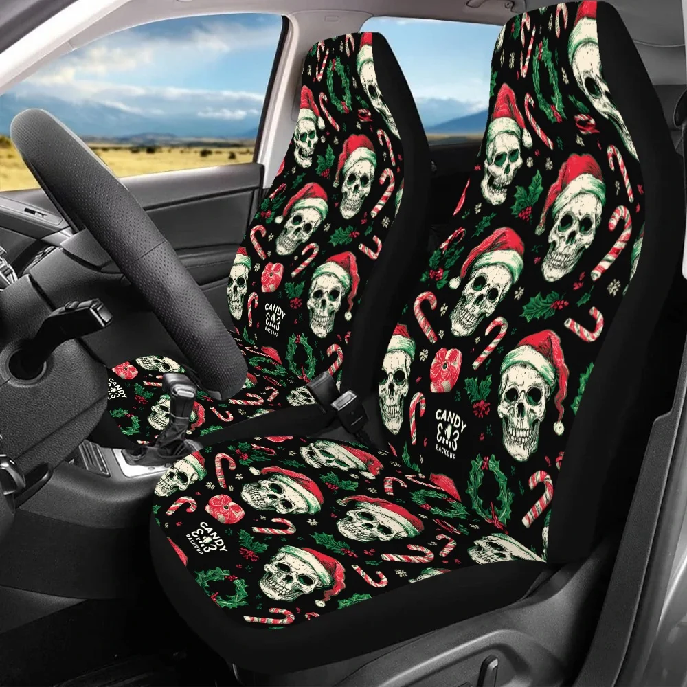 2pcs Skulls in Santa Hats Candy Cane Print Car Seat Covers for Everyone Car Accessories for Women Universal Front Seat Protector