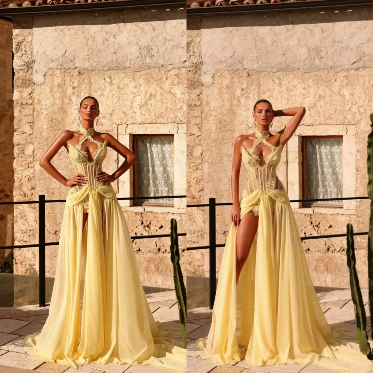 Yellow Princess Dress Ruffles Shining Sequins Rhinestone Halter High Slit Chiffon Chapel Train Prom Dress  Customized