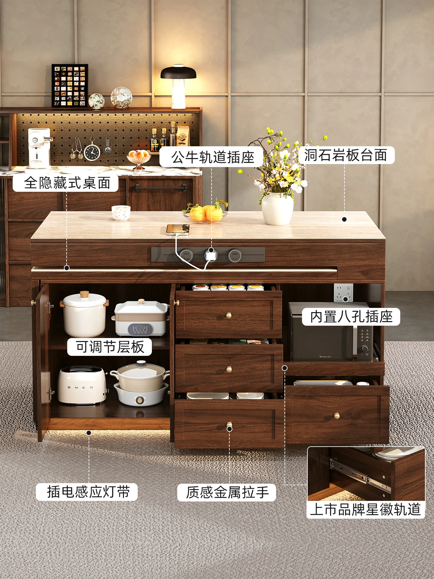 Qiuyu solid wood island dining table integrated medieval kitchen Zhongdao small apartment rotating bar customization